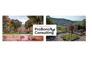Clark University and Lane Community College campuses with logo for Solutions Center Pro Bono Consulting