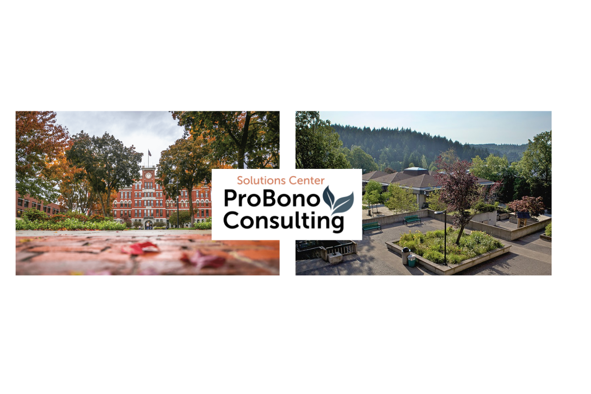 Clark University and Lane Community College campuses with logo for Solutions Center Pro Bono Consulting