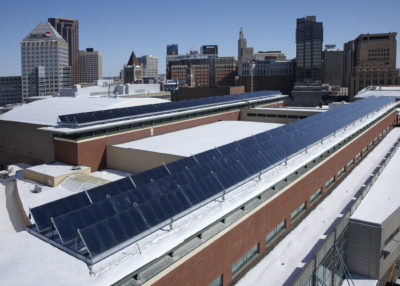 Solar thermal panels on the rooftop of Saint Paul RiverCentre. 